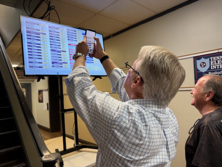 Circuit Court Judge Mark Stapleton takes a picture of the results at the Hamblen County Courthouse Thursday night.